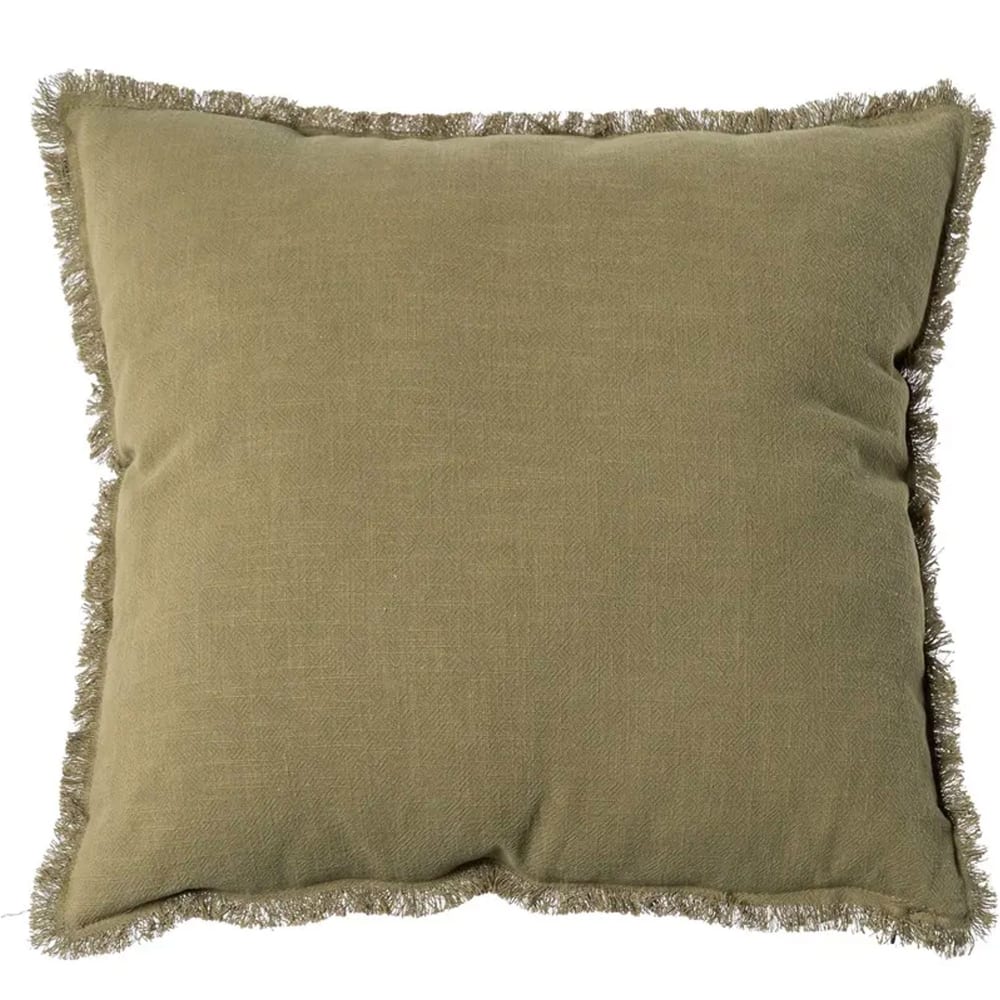 Coussin carré lin et coton vert à franges 40x40cm