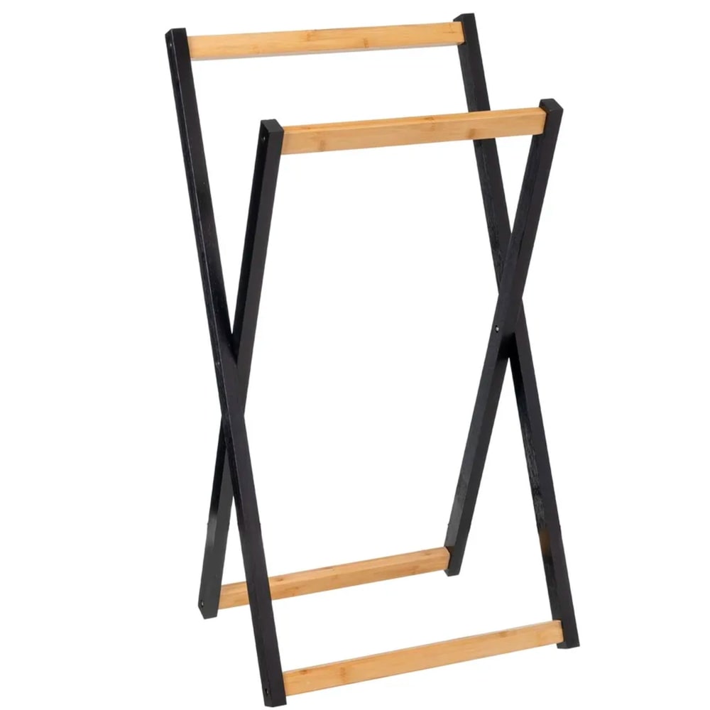 Porte serviette sur pied pliable noir et bambou 44x40x82cm