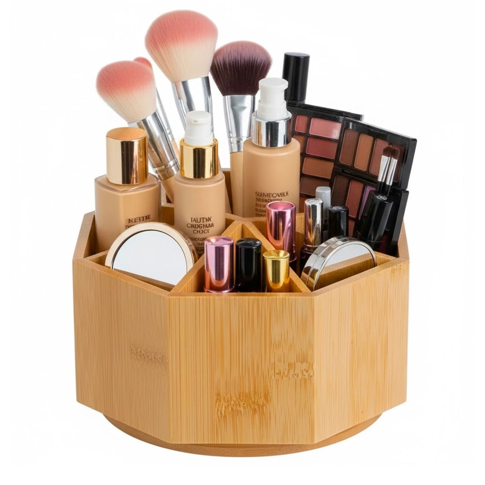 Organiseur rangement maquillage bambou rotatif 17x17x12cm — vue 3