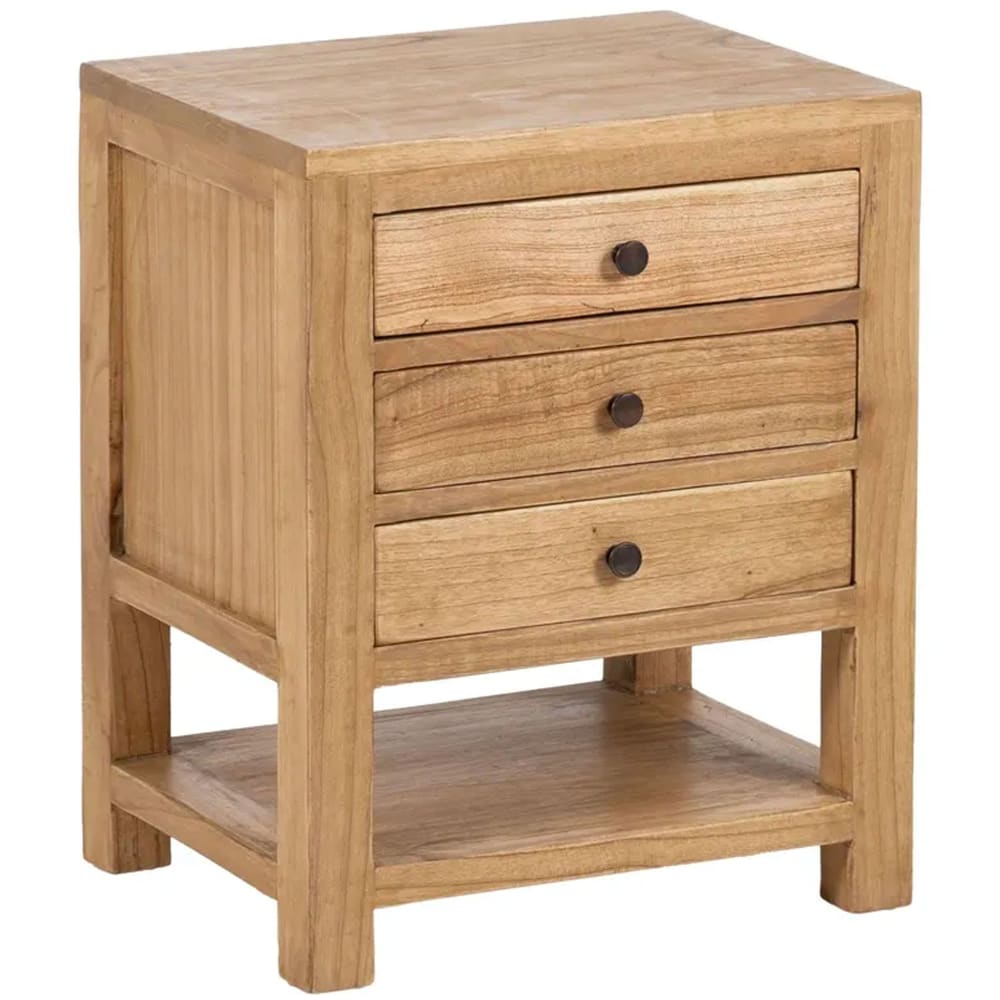Table de chevet en bois de mindi 3 tiroirs 45x35x55cm