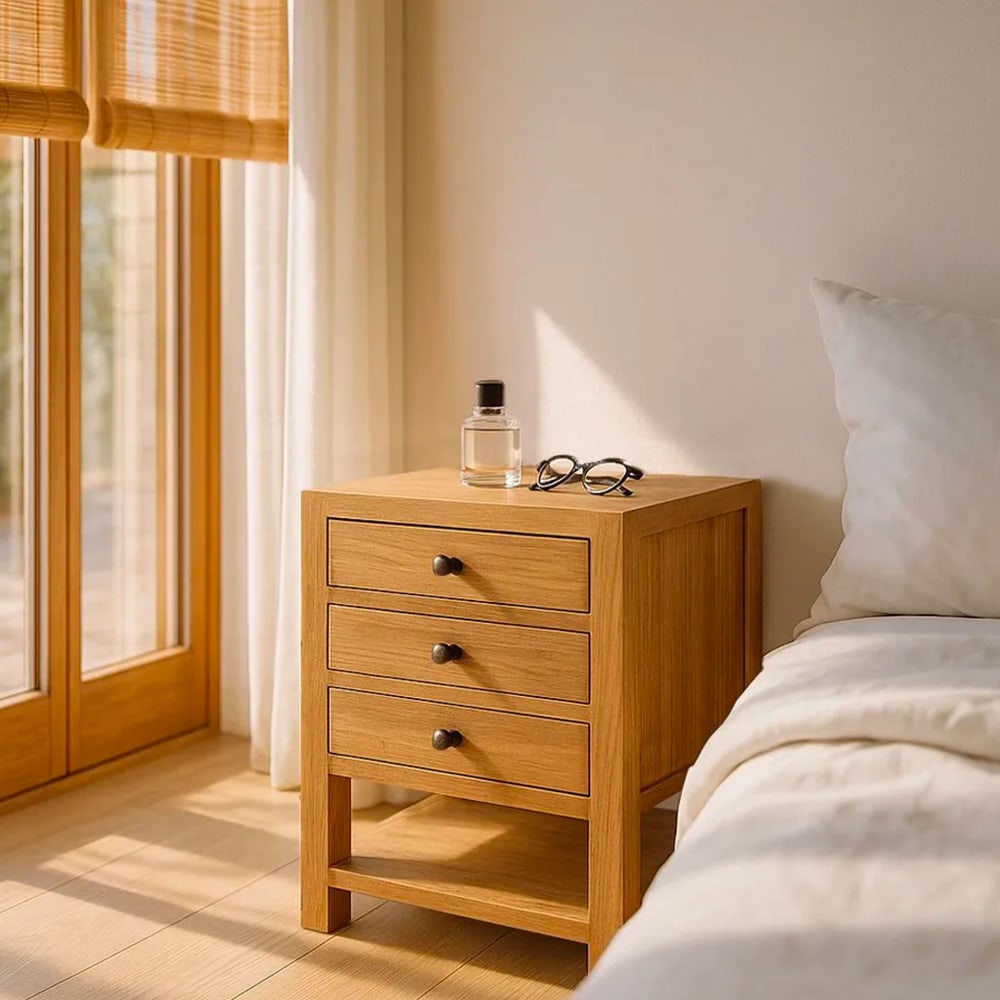 Table de chevet en bois de mindi 3 tiroirs 45x35x55cm