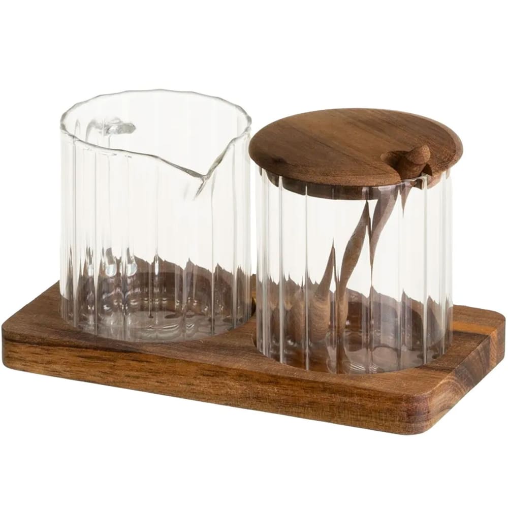 Sucrier + pot à lait en verre transparent et plateau bois 16x9x10cm