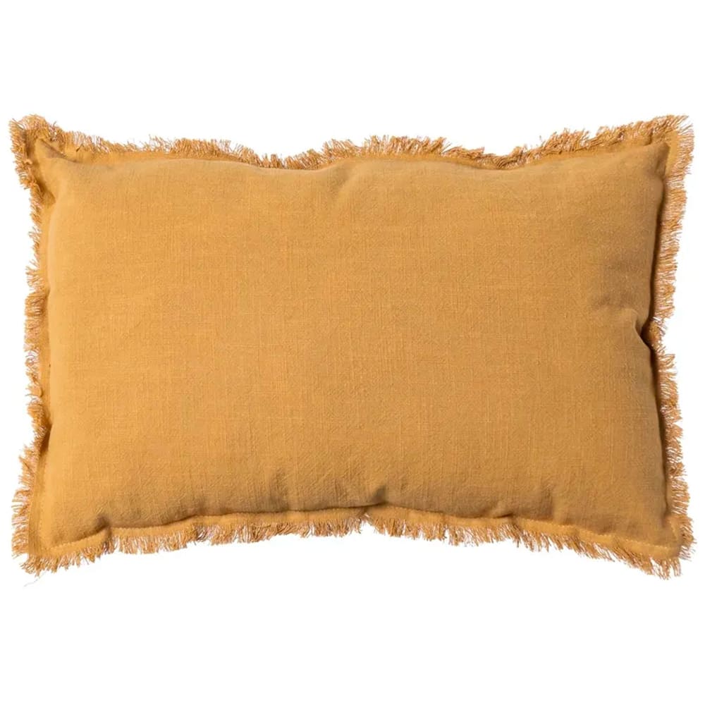 Coussin lin et coton jaune moutarde à franges 30x50cm