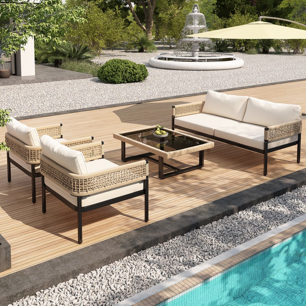 Salon de jardin 4 places en fer et verre beige
