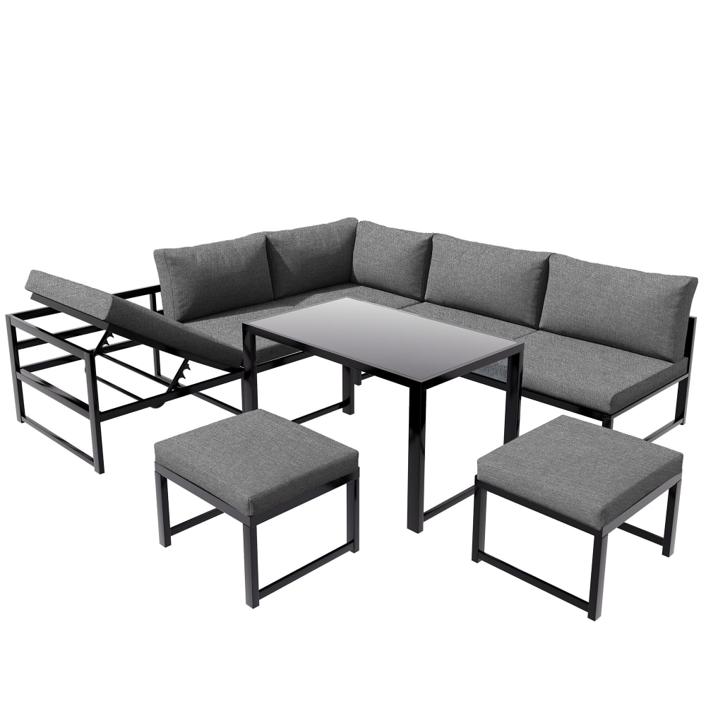 Salon de jardin 7 places en aluminium noir et gris