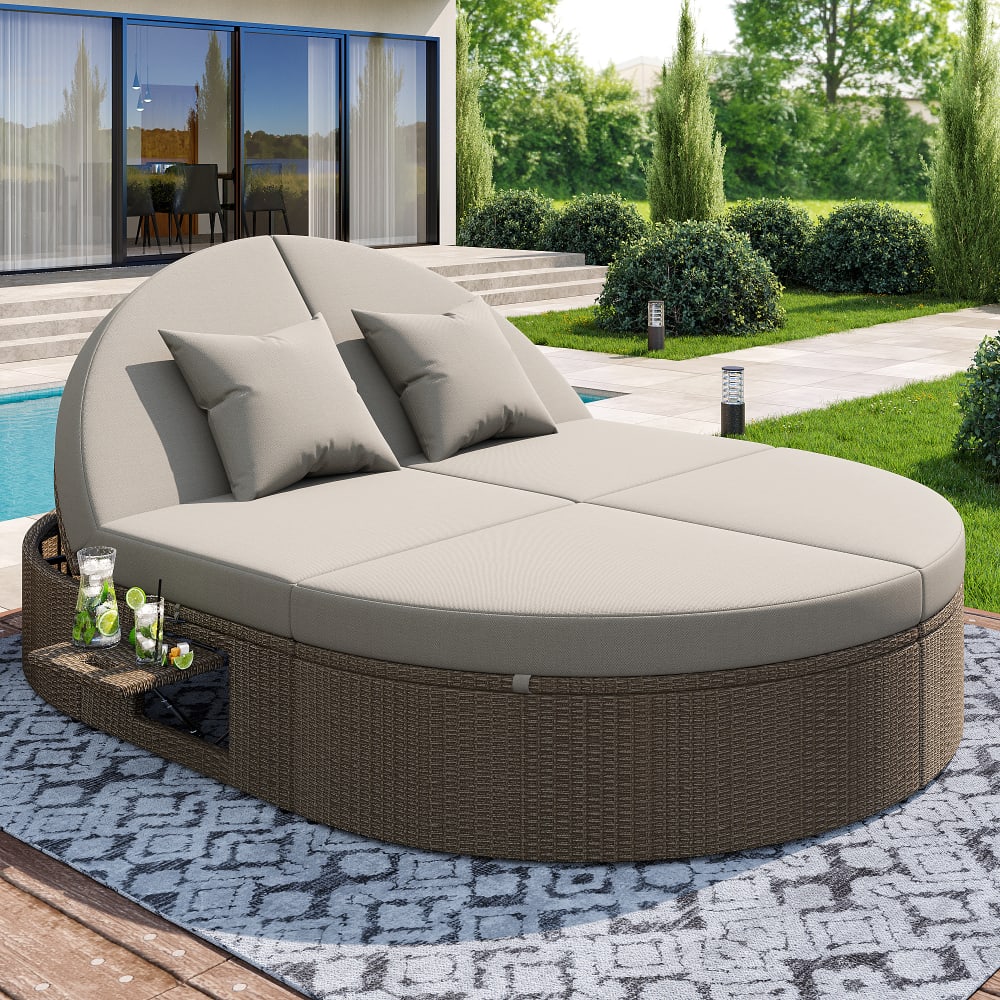 Chaise longue de jardin en rotin dossier réglable gris 200x140x42cm