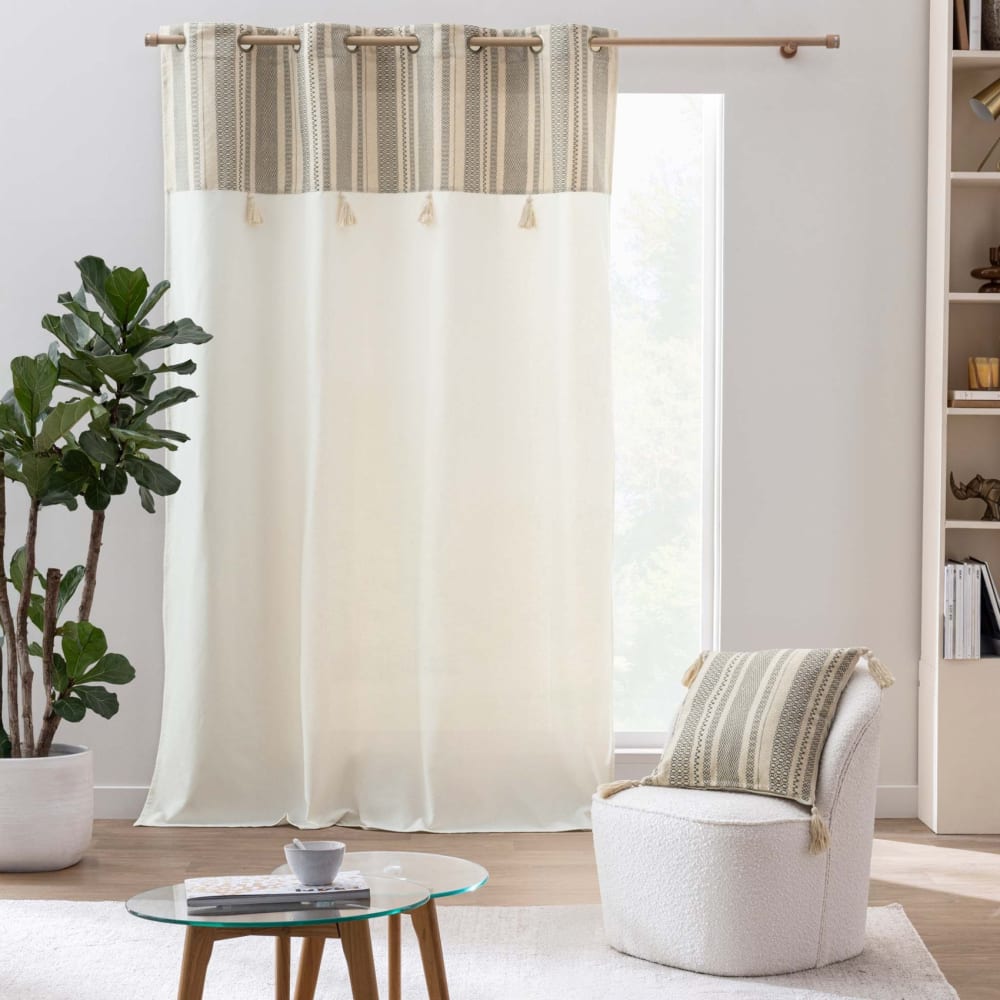 Home Maison Polycotton-Ösenvorhang mit metallic-gestreiftem Top und Pompons style modern Beige Öko-Tex Zertifikat Baumwolle