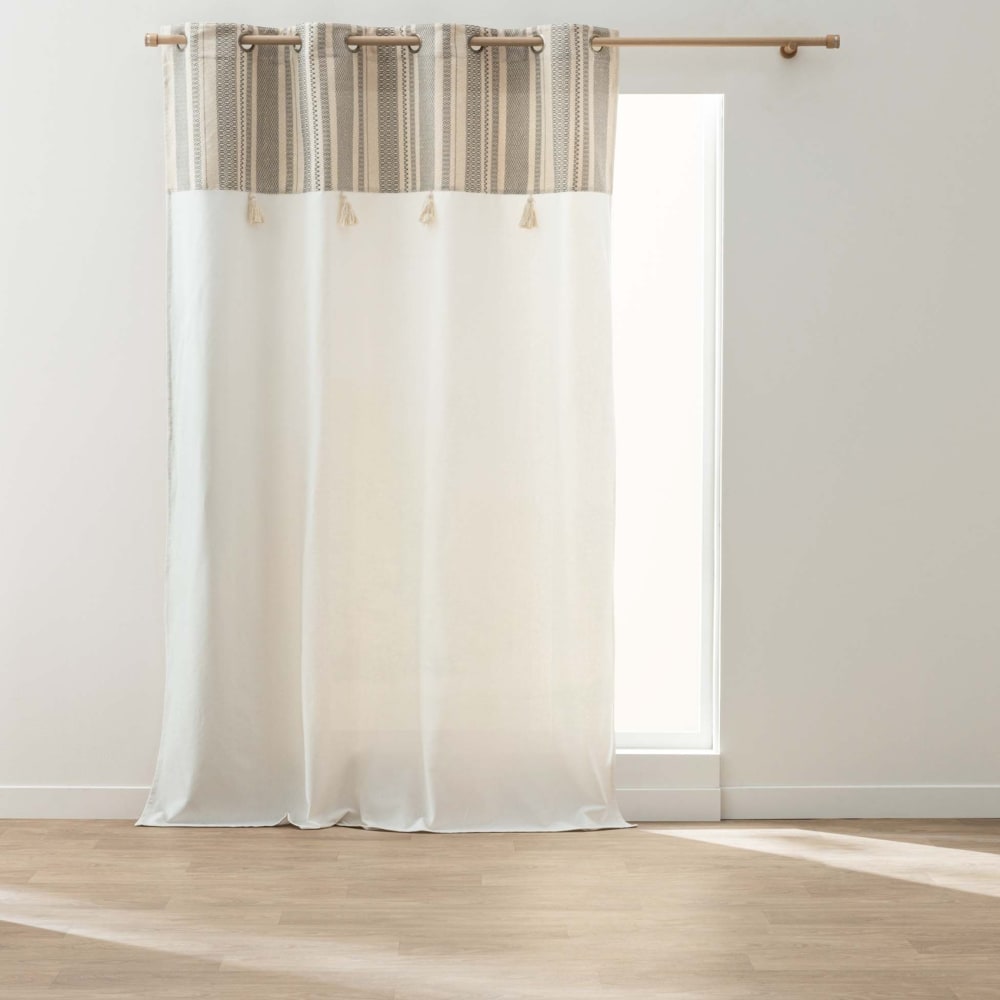 Rideau à œillets polycoton avec top à rayures métallisé et pompons