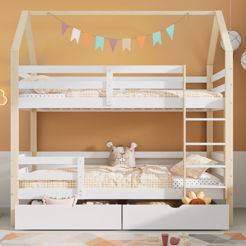Etagenbett aus Kiefer mit Schubladen 2×90x200 cm, weiß - Maisons
