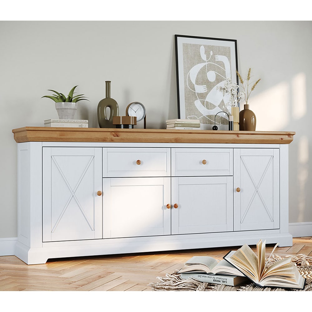 Kommode modernes Design aus Massivholz 200x41x85cm, weiß / beige