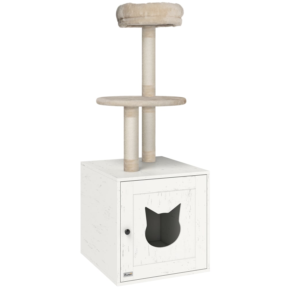 Arbre à chat avec maison de toilettes Peluche, MDF Crème