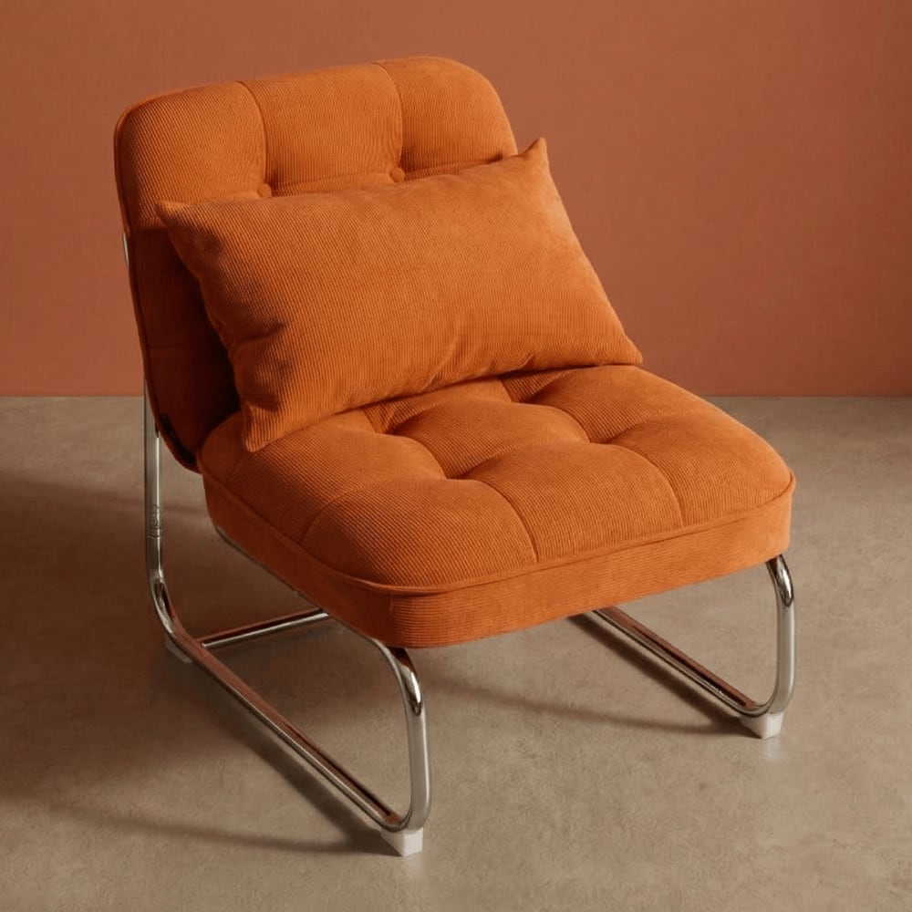Fauteuil en velours côtelé orange, piètement chromé