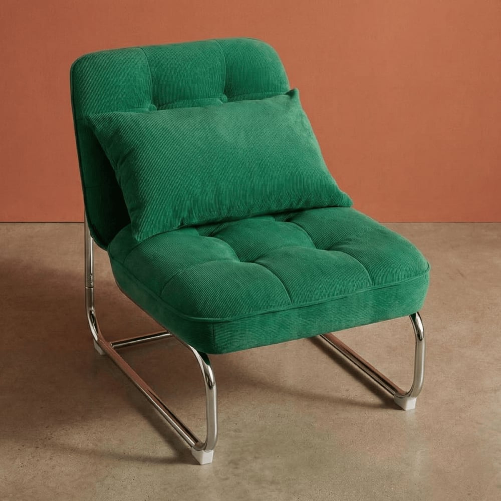 Fauteuil en velours côtelé vert électrique, piètement chromé