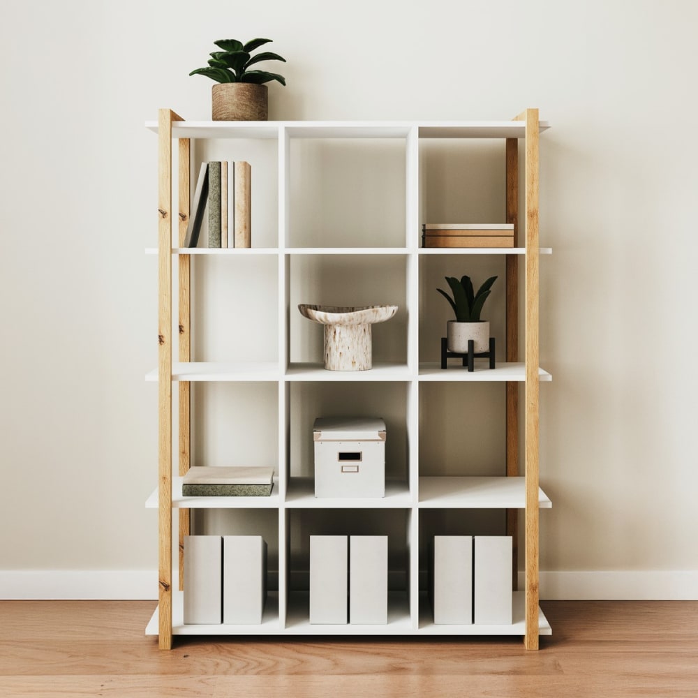 Etagère 4 niveaux blanc et effet bois 107 cm