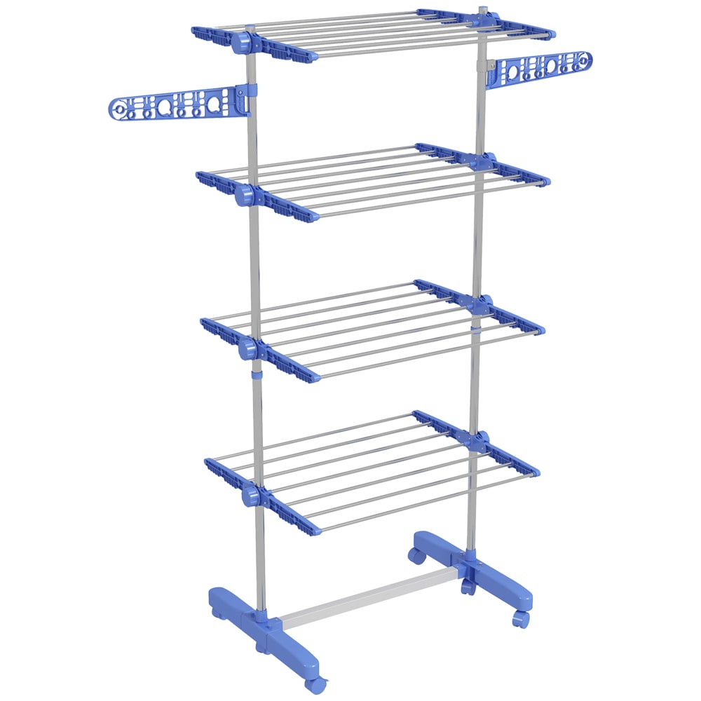 Étendoir pliable ailes latérales 6 roulettes acier bleu — Beyit