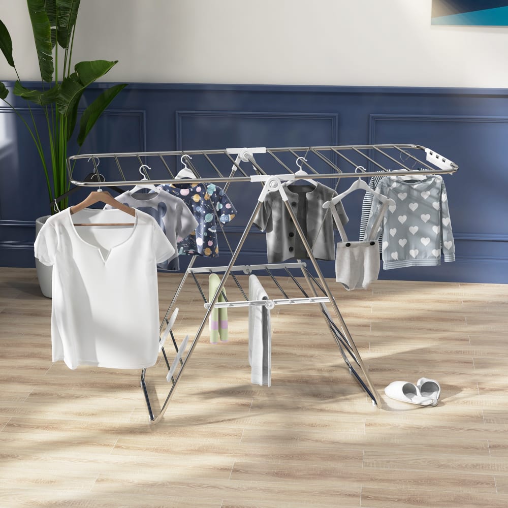 Séchoir à linge sur pieds pliable 2 niveaux ajustables acier argent — vue 3