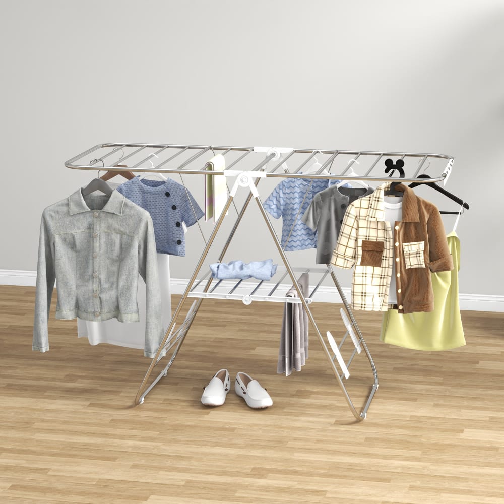 Séchoir à linge sur pieds pliable 2 niveaux ajustables acier argent — vue 4