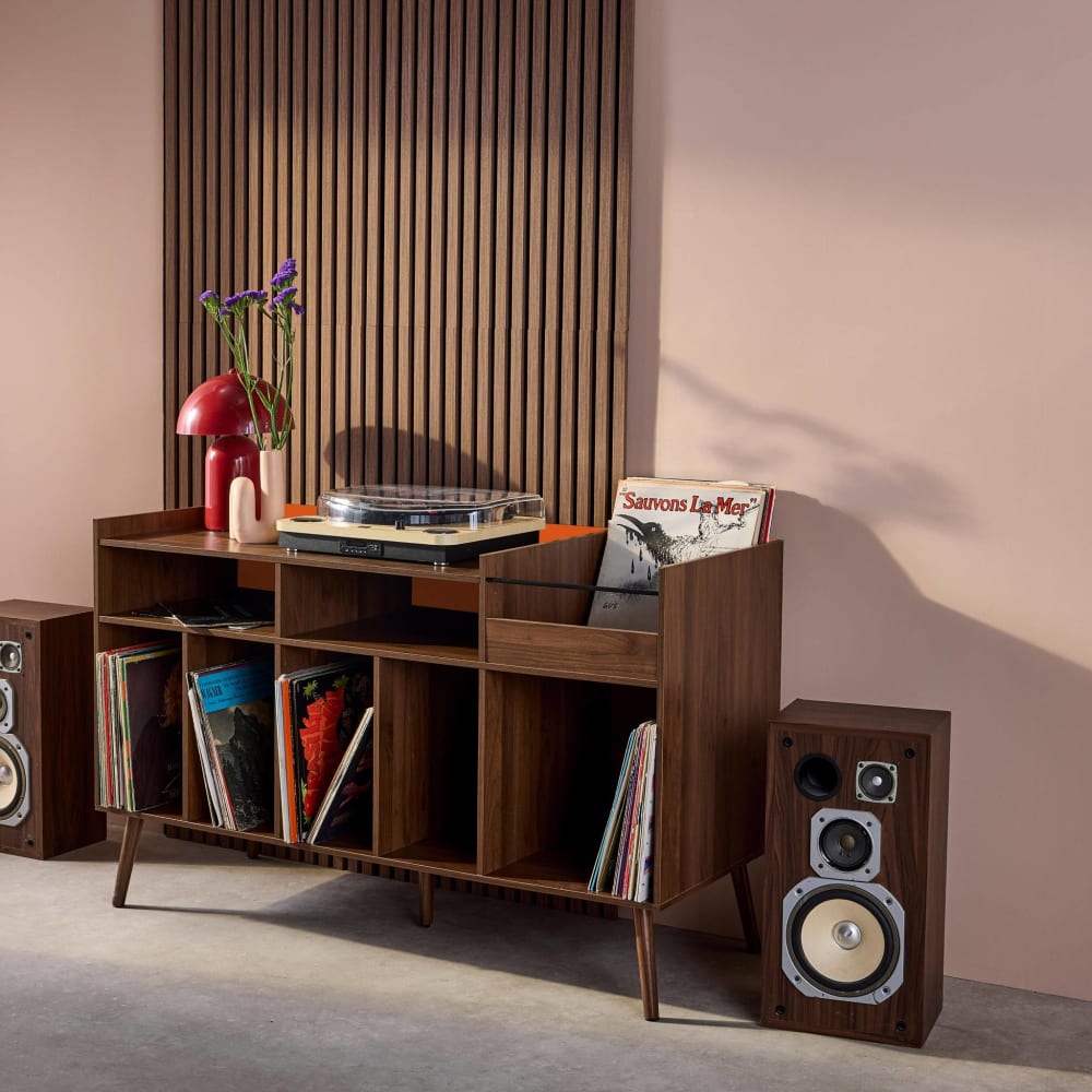 Meuble vinyle vintage bicolore décor bois et orange 130cm