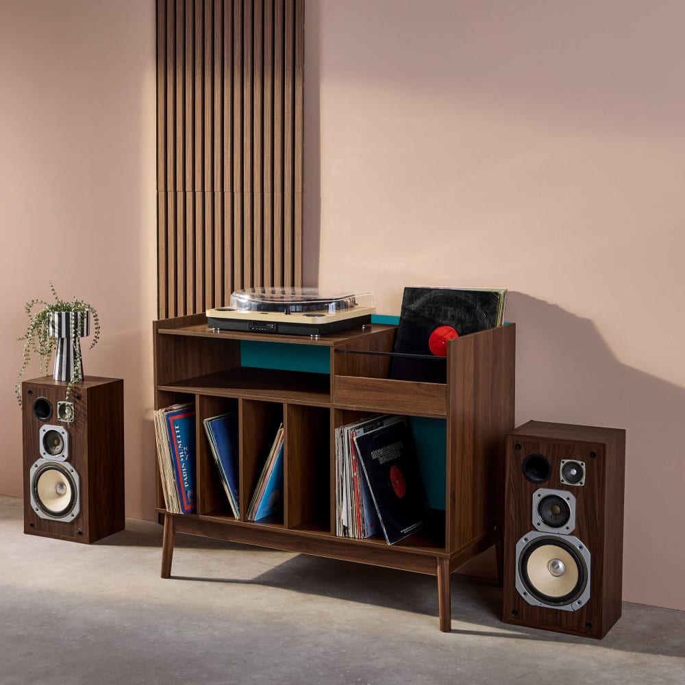 Meuble vinyle vintage bicolore décor bois et bleu 100cm