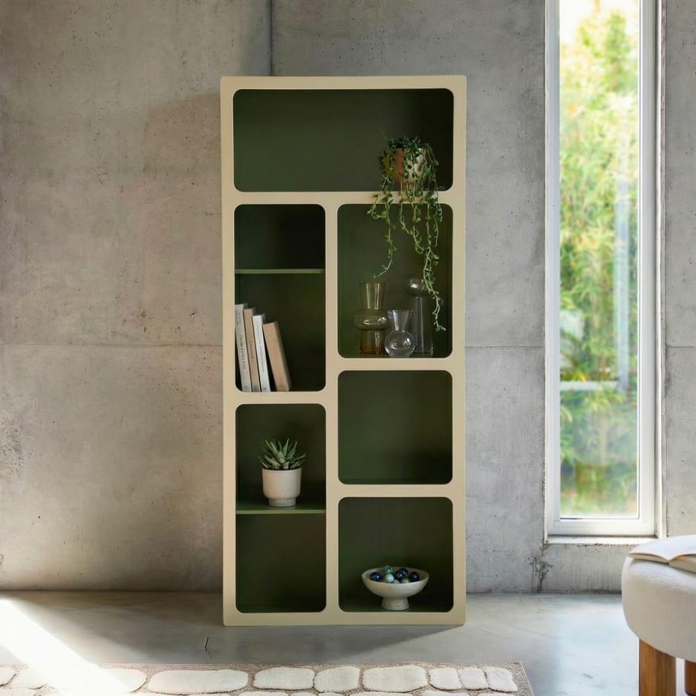 sweeek Organisches Bücherregal mit zweifarbigem Holzdekor, 8 Fächer - Agatha style vintage Grün Spanplatte
