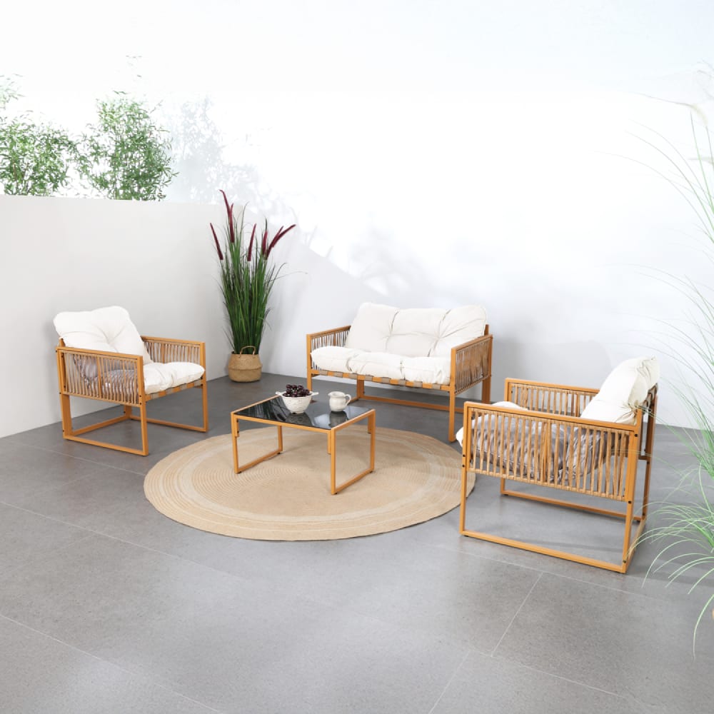 Salon de jardin 4 places effet rotin coussins blancs