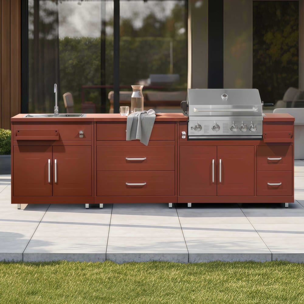 Cuisine extérieure acier 3 éléments avec barbecue brique