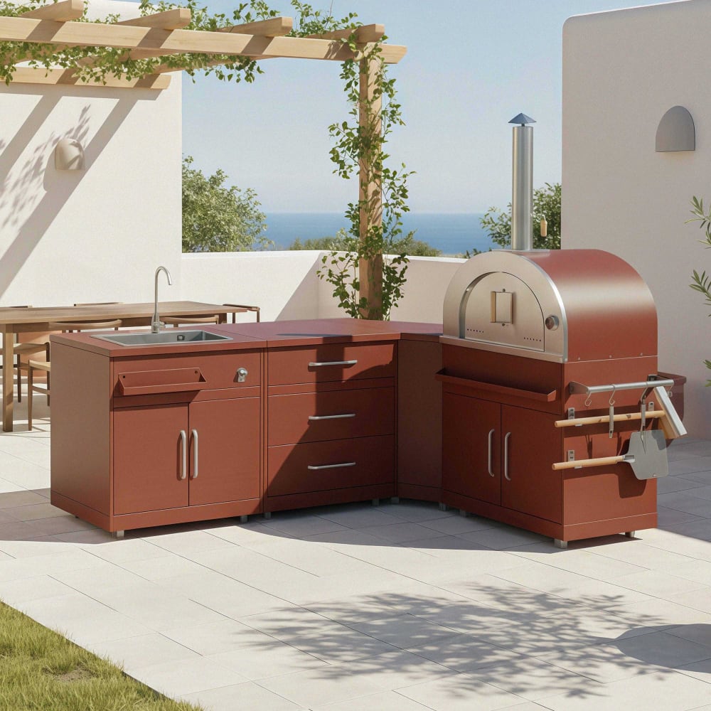 Cuisine extérieure acier 4 éléments avec four à pizza brique
