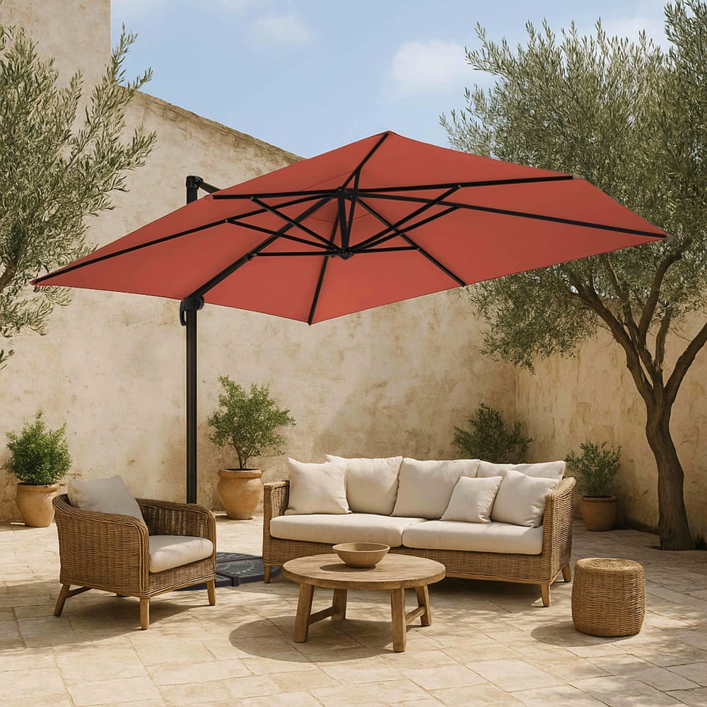 Parasol déporté 4x3 m inclinable + 4 dalles à lester terracotta
