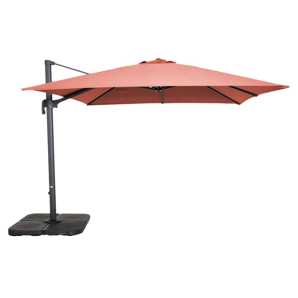 Parasol déporté rotatif 3x3m et 4 dalles à remplir alu terracotta