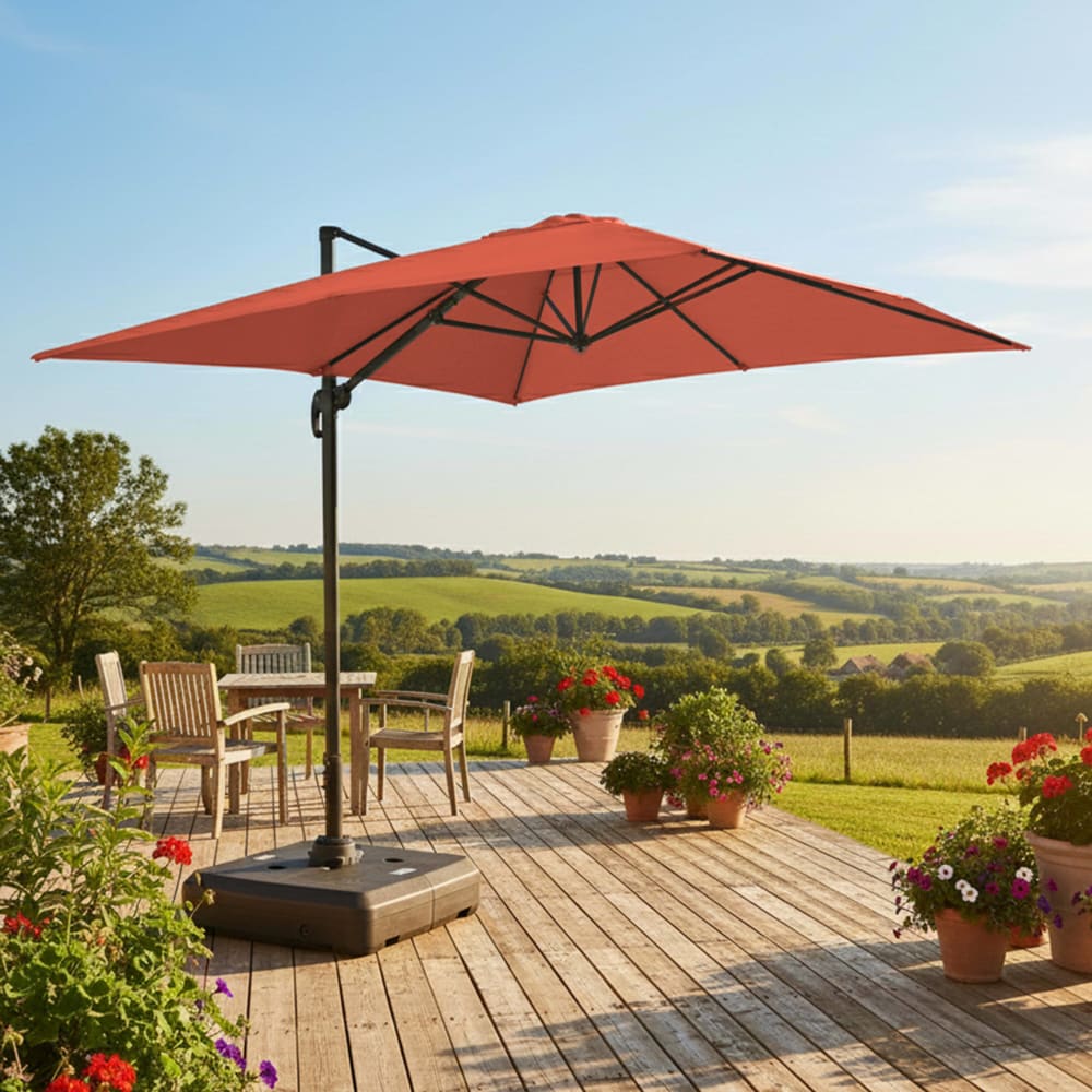 Parasol déporté 4x3 m inclinable + à lester sur roues terracotta