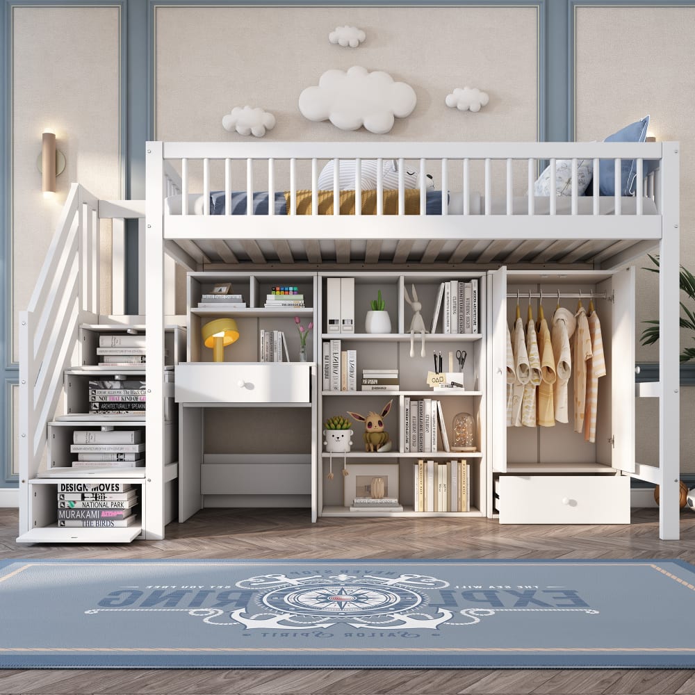 OKWISH Hochliegendes Kinderbett aus Massivholz mit Schreibtisch 90x200 cm Weiß Baby