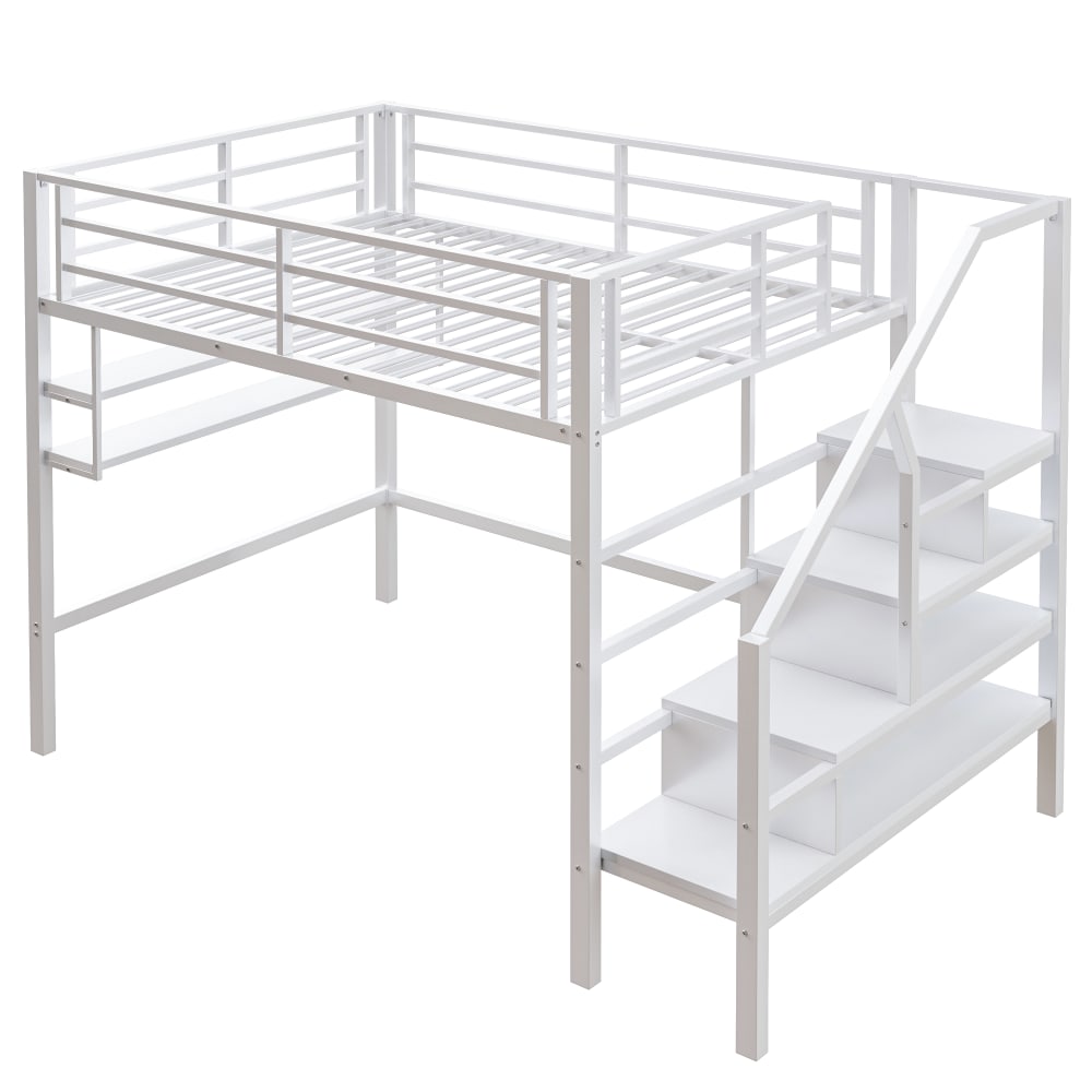 Hochbett aus Metall mit Stauraumleiter und Regalen 140x200 cm,