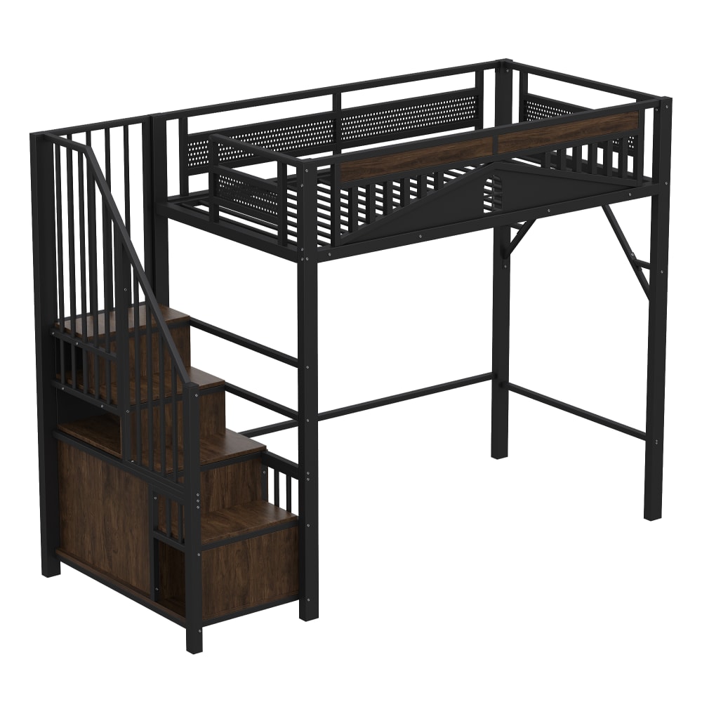 Lit mezzanine en métal noir avec escalier et rangements 90 x 200 cm