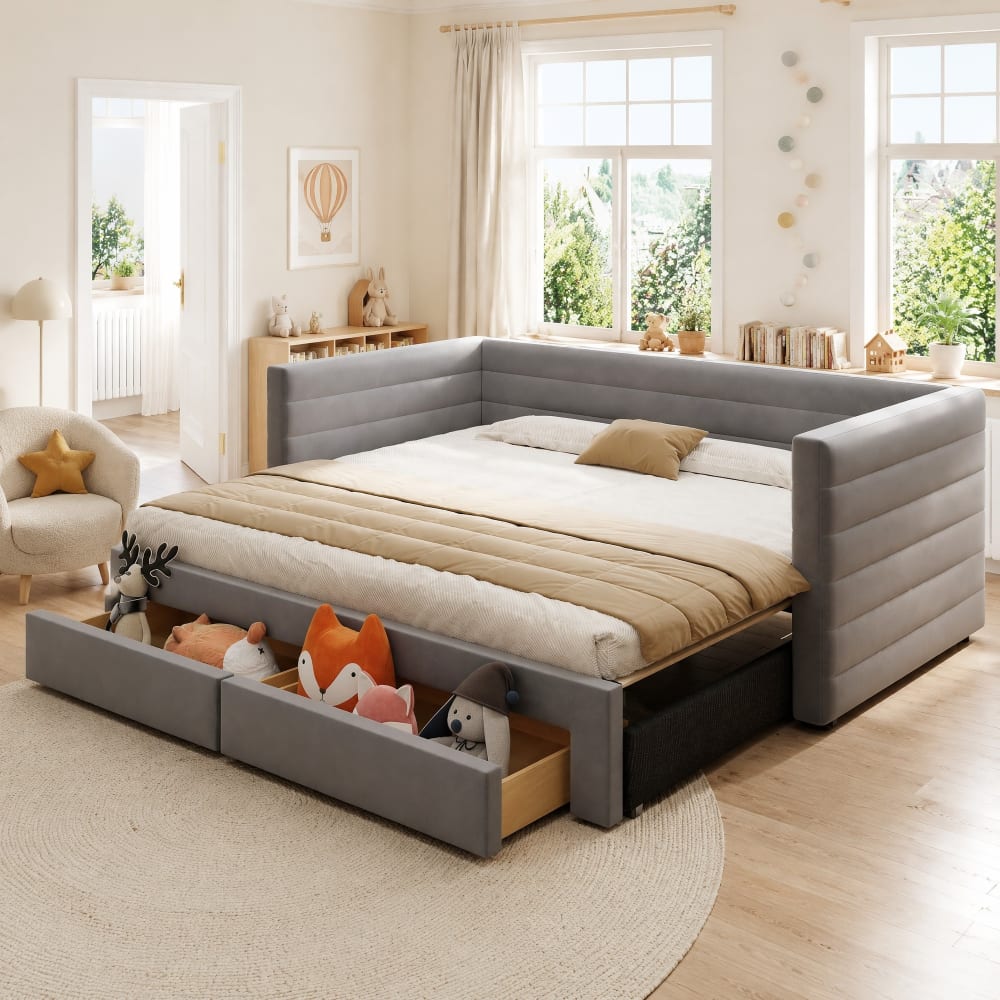 Lit banquette 90x190 cm en coton et lin gris avec 2 tiroirs