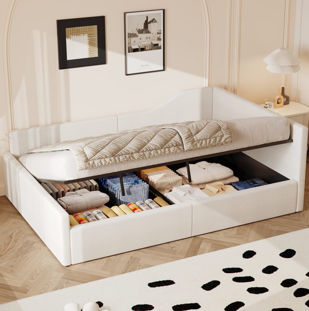 Lit banquette 140x200 cm en lin beige avec rangement