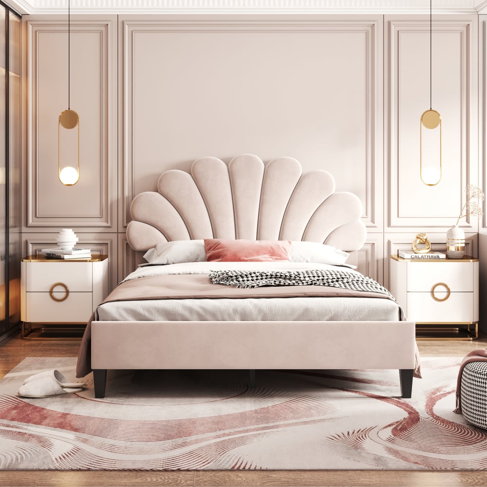 Lit rembourré en velours beige avec tête de lit fleur 140 x 200 cm