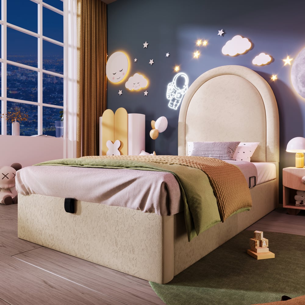 Lit enfant en métal beige avec rangement 90 x 190 cm