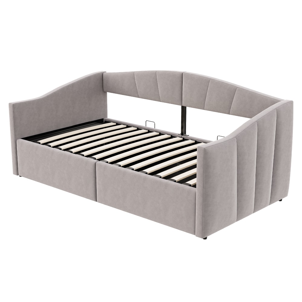 Lit rembourré en velours - rangement gris clair