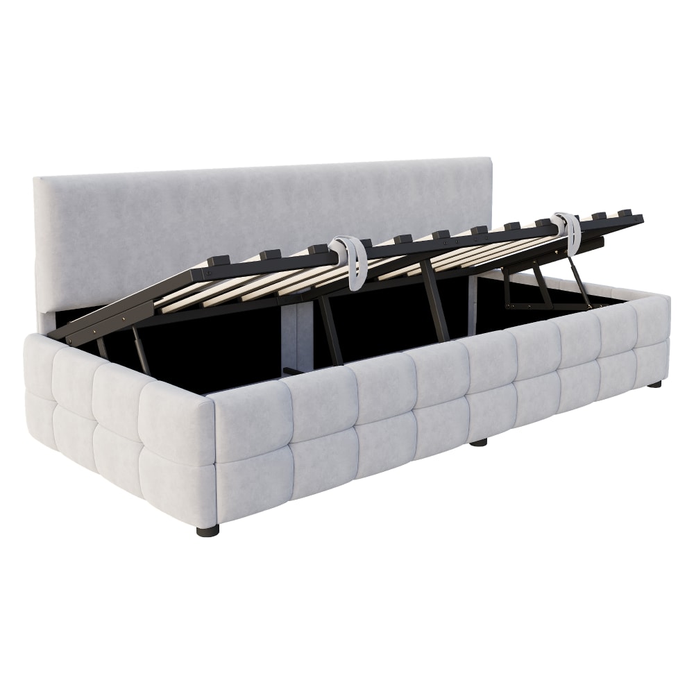 Lit rembourré en velours - rangement gris clair