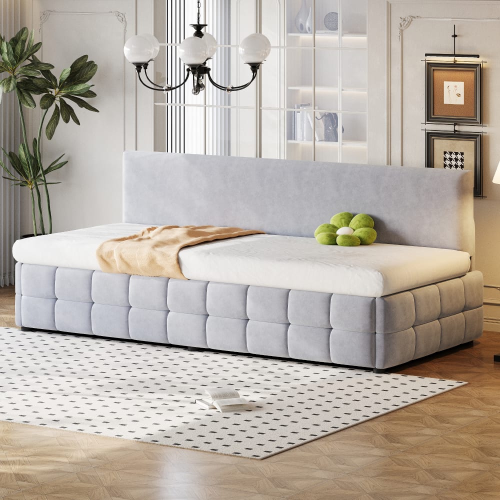Lit rembourré en velours gris clair avec rangement 90 x 200 cm