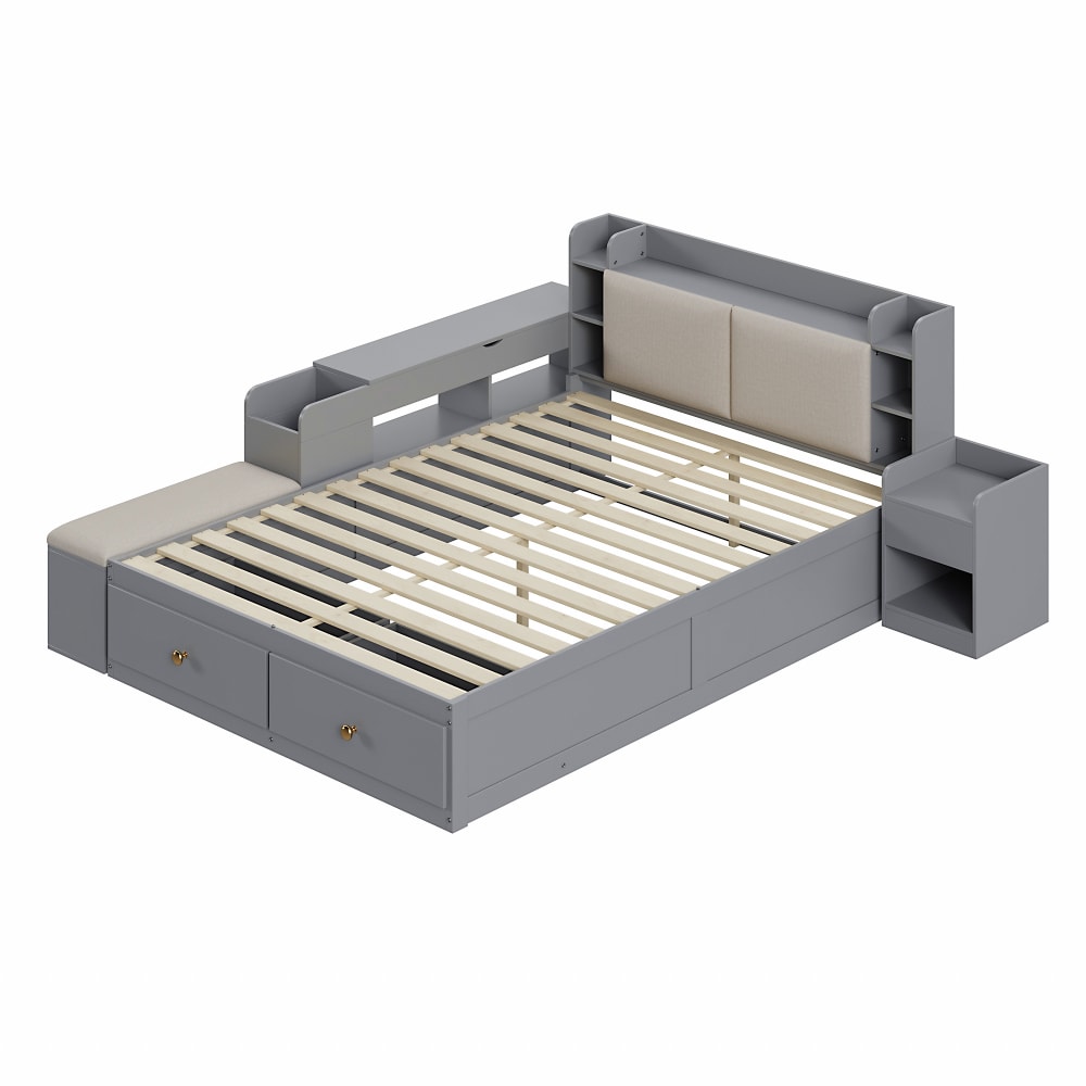 Lit double en bois massif gris avec rangements 140 x 200 cm