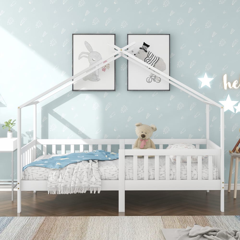OKWISH Hausbett aus Kiefer mit Rausfallschutz 90x200 cm, weiß Holz Baby