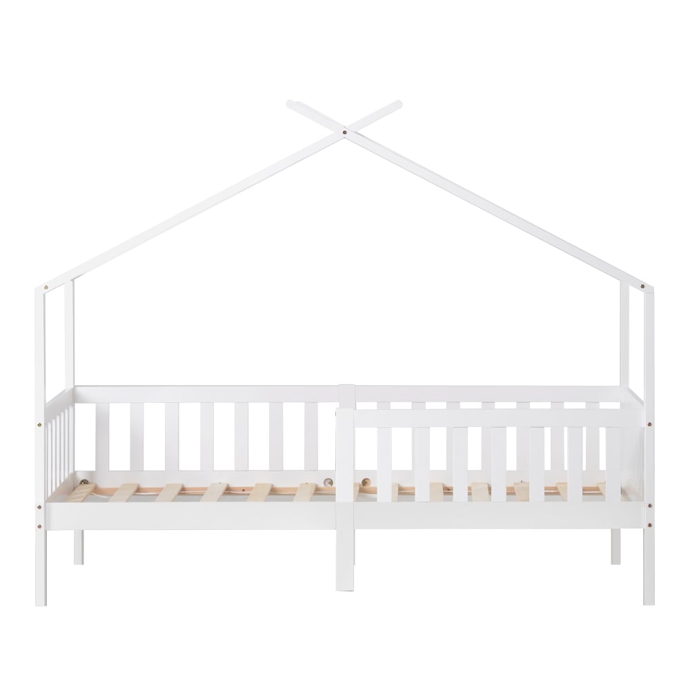 Lit enfant en forme de maison en pin blanc avec barrière 90 x 200 cm