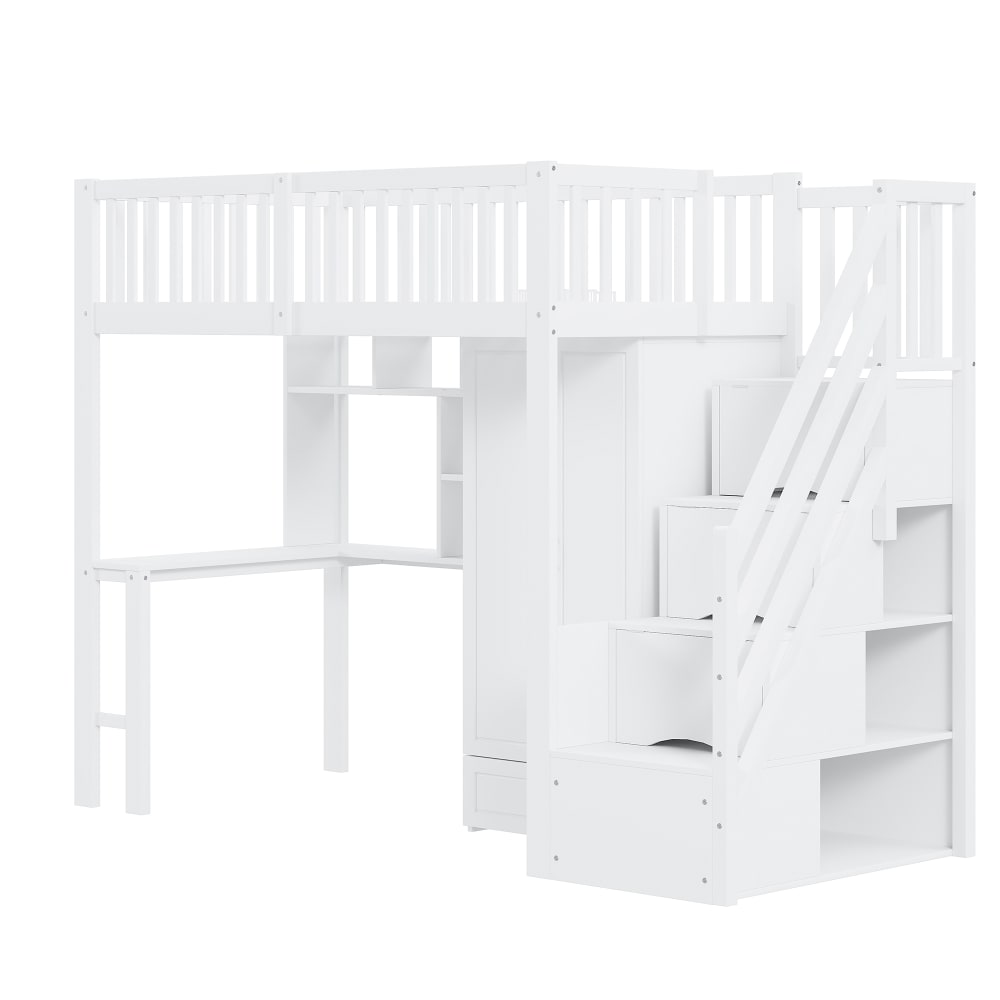 OKWISH Hochbett aus Massivholz mit Schrank und Treppe 90x200 cm, weiß Baby -