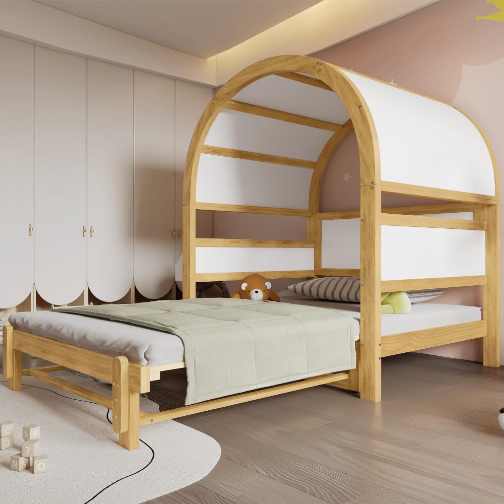 Kinderbett aus Massivholz und MDF mit Ausziehbett 140x200 cm,