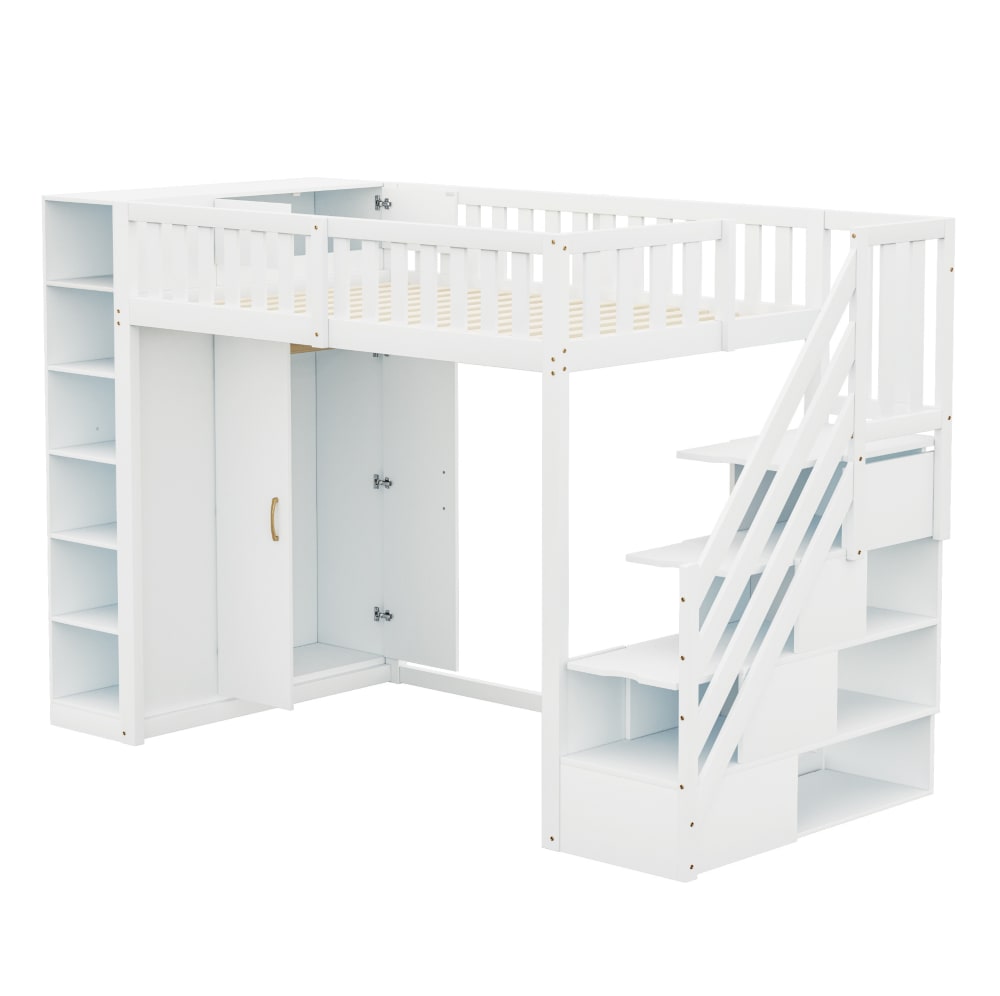 OKWISH Hochbett 90x200 cm aus Holz mit Schrank und Stauraumtreppe, weiß style modern Holz Baby