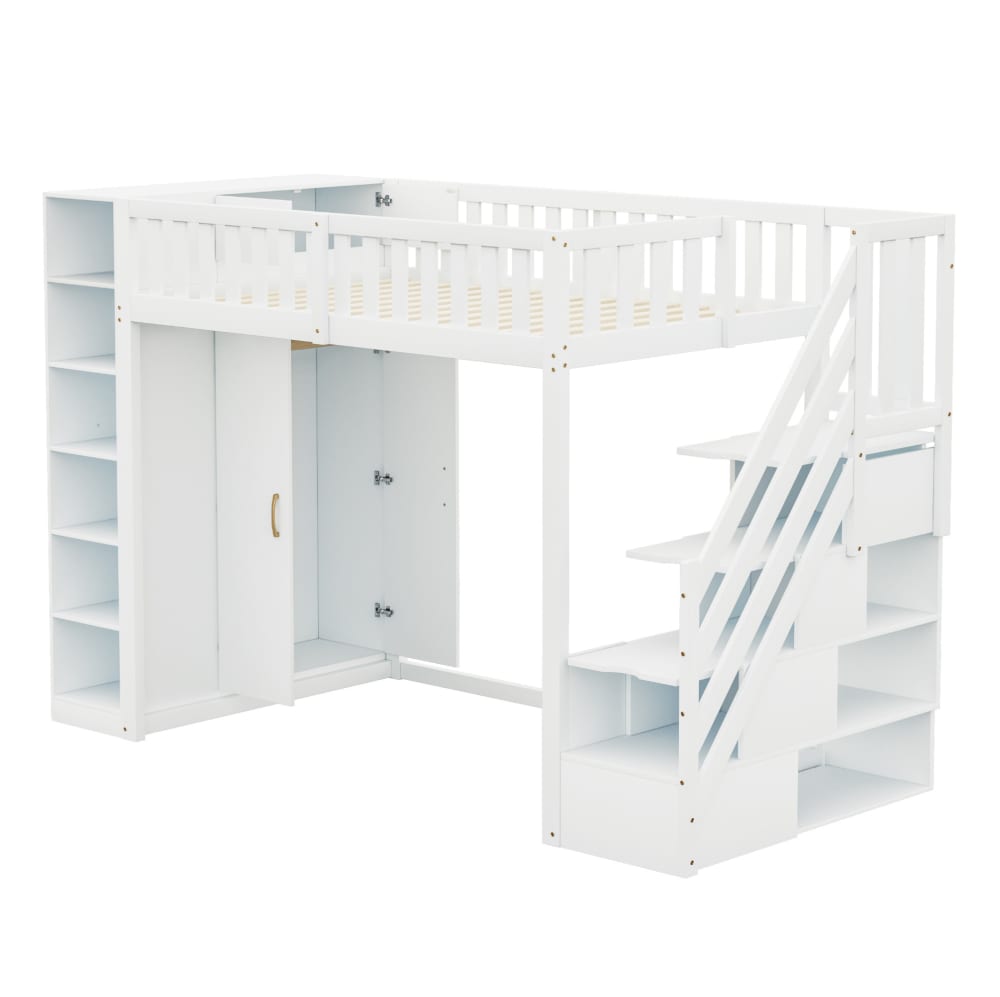Hochbett 90x200 cm aus Holz mit Schrank und Stauraumtreppe, weiß