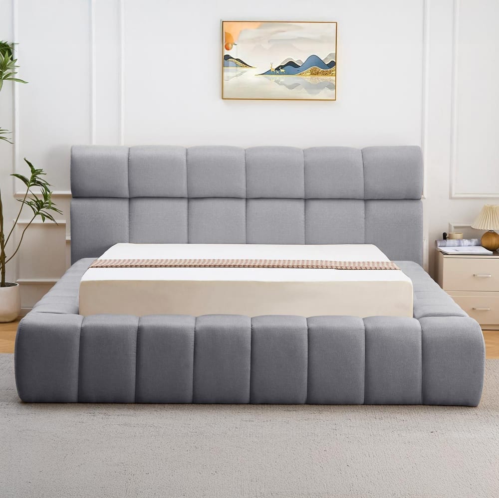 Lit-coffre avec rebords matelassés 140x190cm tissu gris foncé