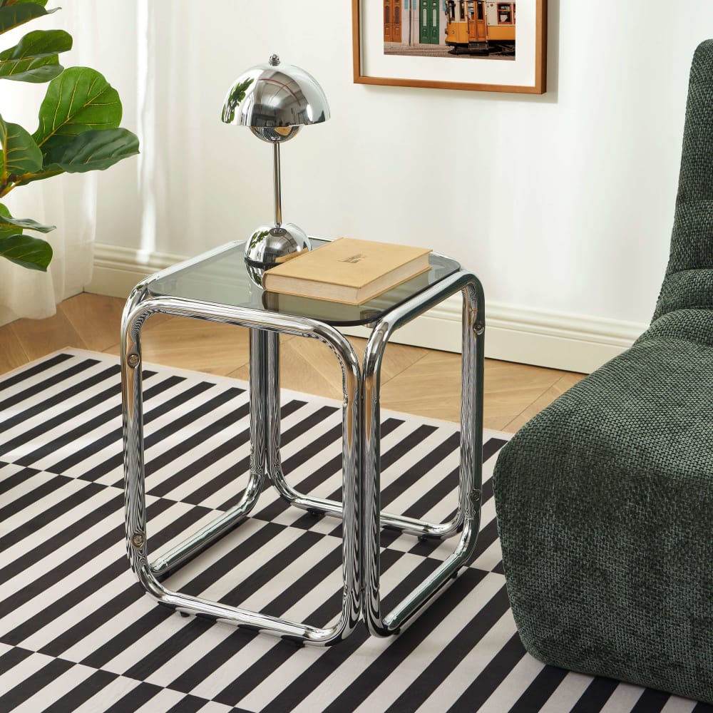 Table d'appoint verre trempé noir structure en chrome
