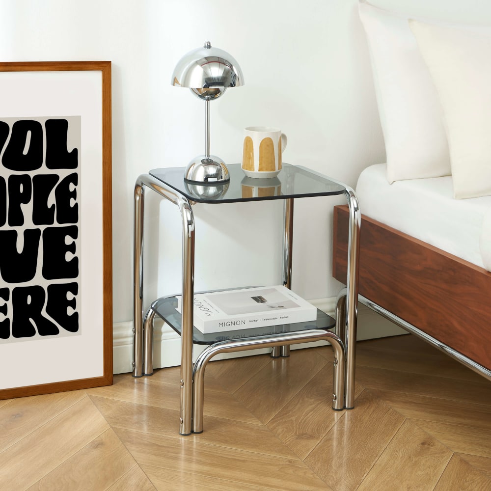Table de chevet verre trempé noir structure en chrome